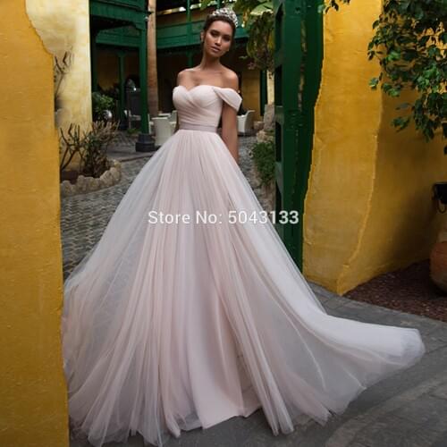 Elegant A Line Soft Tulle Wedding Dresses with Long Sash 2021 Off The Shoulder Corset Back Pleated Bridal Gowns Formal Vestidos