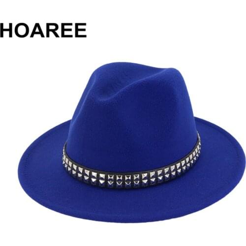 HOAREE Fedora Hat Woolen Panama Women Royal Blue Jazz Hat Rivet Ladies Wide Brim Felt Hat Female Autumn Winter Fedora Cap