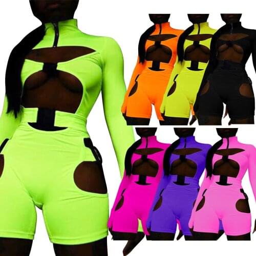 Fluorescent Sexy Cut Out Jumpsuit with Buckles Autumn Long Sleeve Turtleneck Playsuit One Piece Night Club Jumpsuit Solid 2021