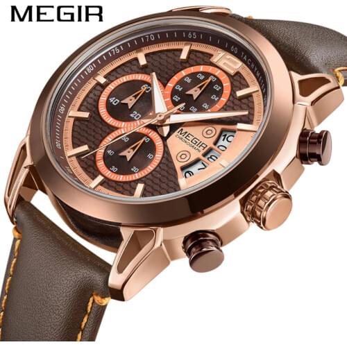 MEGIR Luxury Rose Gold Brown Male Quartz Chronograph Watches Date Waterproof Sport Men Watch Mens Watches Man Wristwatch clock