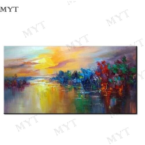 MYT Best Artist 100% Handmade High Quality Modern Abstract Lake Tree Landscape Oil Painting On Canvas Wall Art Oil Painting