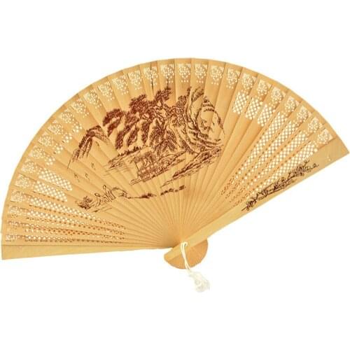 New Fashion 26cm Incense Wood Burmese Wood Fan High-end High Quality Carved Wedding Red Flowered Wood Fan Decor Gift