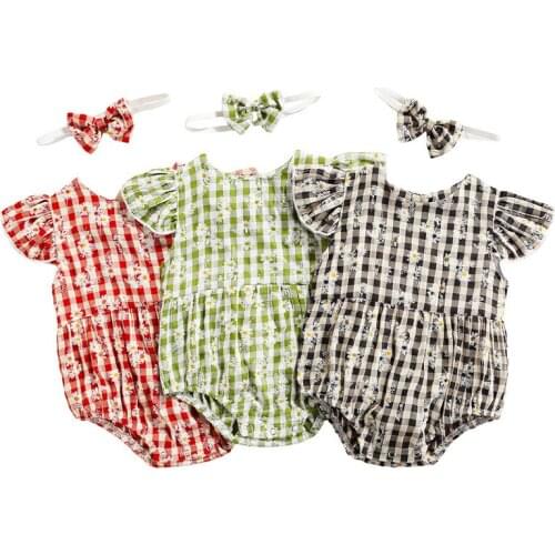 Newborn Infant Baby Girls Clothes Fly Sleeve Flower Plaid Print Button Romper Jumpsuit Headband 2Pcs Outfits Casual Clothes