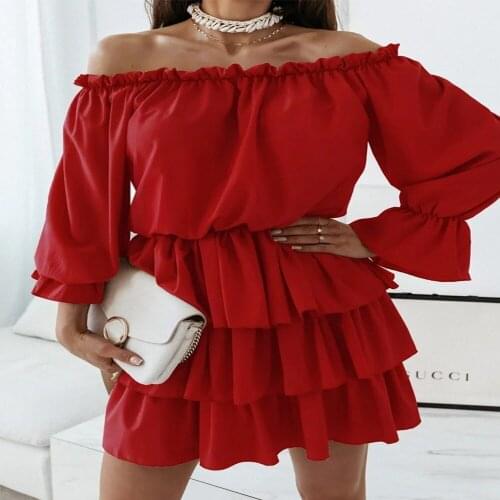 Autumn Dress Women Solid Color A-Line Dresses Patchwork Ruffles Slash Neck Slim Mini Dress For Woman Vestido De Mujer Robe Femme