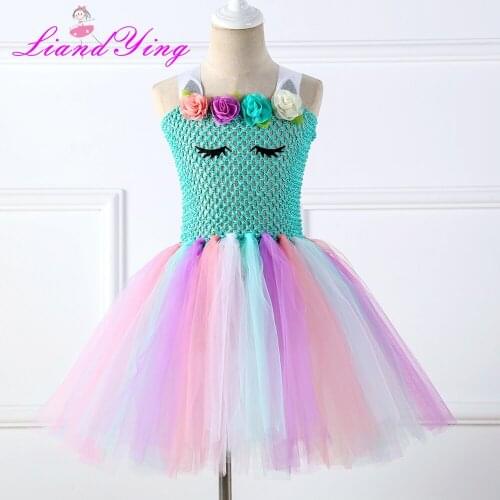 Girls Pastel Flower Tutu Dress Kids Crochet Tulle Strap Dress Ball Gown with Ribbons Children Party Costume Dress