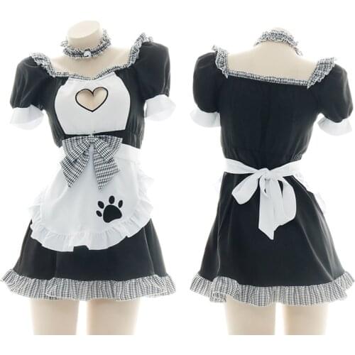 Sweet Lolita Dress Waiter Costume Halloween Women Lovely Anime Cat Maid Cosplay Costume Cute Heart Hollow Out Plaid Ruffle Dress