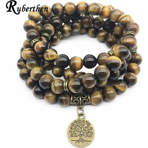 Ruberthen On Sale Yoga Spiritual Bracelet Trendy Tiger Eye Stone Bracelet Healing Tree Of Life 108 Mala Balance Jewelry