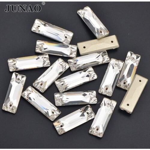 JUNAO 7*21mm Sewing Clear Rectangle Rhinestone Glass Stones Applique Flat Back Sew On Strass Crystal For Clothes Needlework