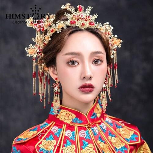 HIMSTORY Vintage Chinese Wedding Tiaras Hair Piece Red Gold Bridal Wedding Hairwear Ancient Princess Hair Stick Accessories