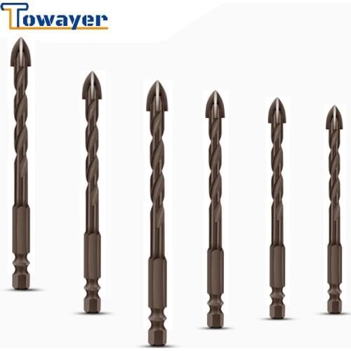 Towayer Cross Hex Tile Bits Glass Ceramic Concrete Hole Opener Alloy Triangle Drill Size 3/4/5/6/8/10/12 mm