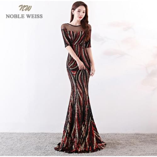 Evening dresses sexy o-neck mermaid sequin Prom dress floor length in stock evening gown with half sleeves