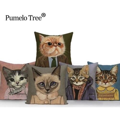 Mr. cat Animal Printed Vintage Cushion 45*45cm decorative pillows Dropshipping Linen Cushions Home Decor Car Seat Home Sofa