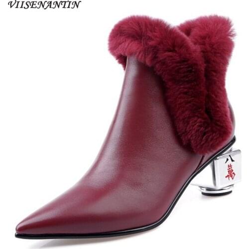 Inside and Outside Full Leather Autumn and Winter 2021 New Cowhide with Rex Rabbit Fur Pointed Toe Shaped Heel Ankle Boots