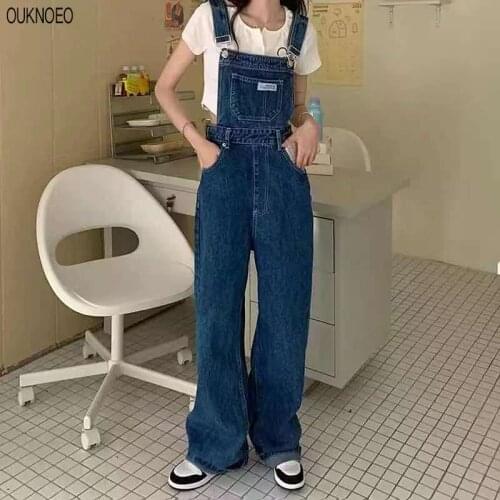 Womens Denim Jumpsuits Black Straight Tube Relaxed Chic Straps Trousers 2021 Korean Preppy Style Retro High Waist Denim Jeans