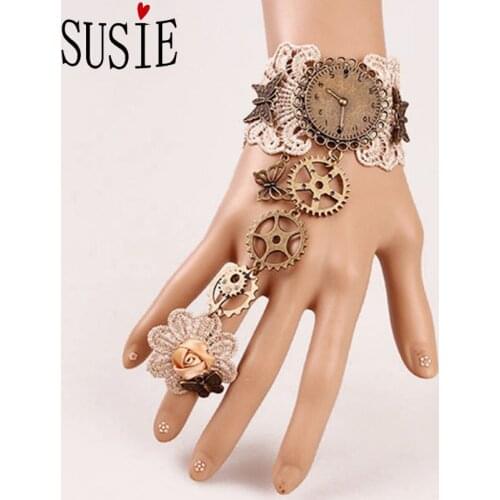 LOVE SUSIE Vintage Women Bracelets Gothic Style Lace Retro Hands Jewelry Accessories With Ring Gear Clock Chain