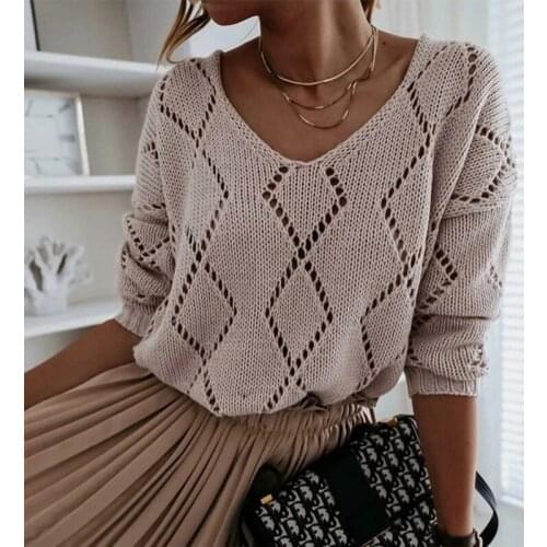 Foridol v neck hollow out pink sweater pull femme women plus size knitted white sweater big size autumn winter 2020