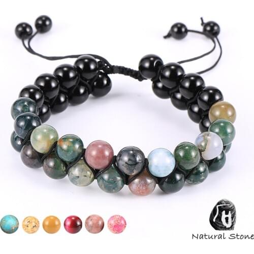 Women Girls Natural Emperor Stone Picture India Onyx Stone 8mm Beads Bracelets 2 Layers Braided Adjustable Knot Bangles Jewelry