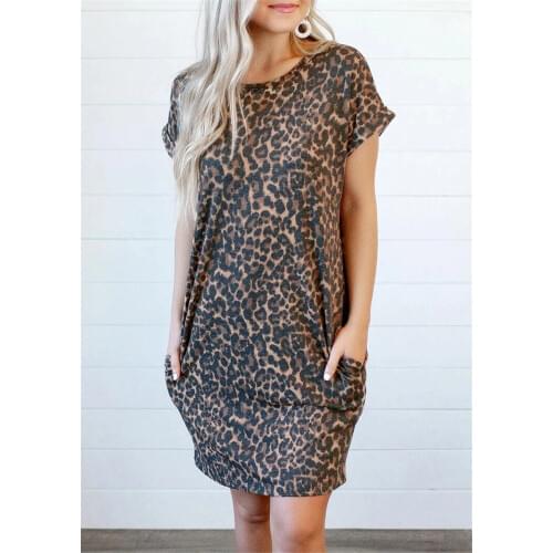 Leopard Printed Open Back Pocket Mini Dress Women Hollow Out Dresses Summer Short Sleeve tshirt Dress 2020 Casual Loose Dress