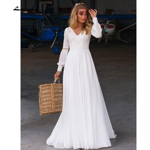 Beach Long Sleeve Chiffon Lace Wedding Dresses For Bridals V Neck Sweep Train vestidos de novia manga larga 2021 Lakshmigown
