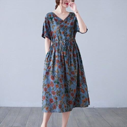 Vintage Print Floral Dress 2021 New Arrival Short Sleeve Cotton Linen Loose Women Casual Summer Dress Office Lady OL Work Dress