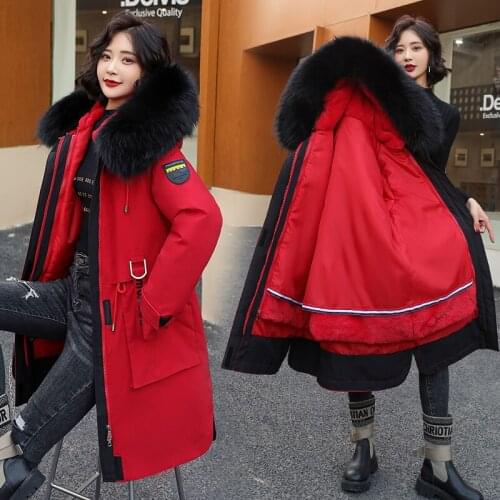 2021 Winter Women fleece inside parkas plus size thick warm mid-Long Hooded parkas Jackets fur inside female slim padding parkas