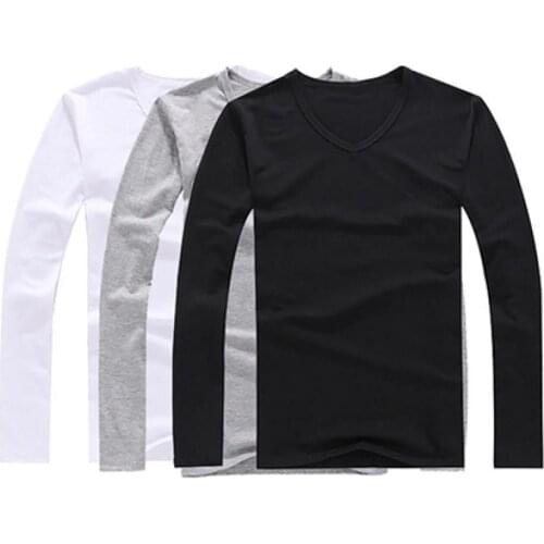 2021 Elastic Mens T-Shirt Mens Fashion Slims Fit Cotton V-neck Long Sleeve Casual T-shirt Concise Top Man Clothing