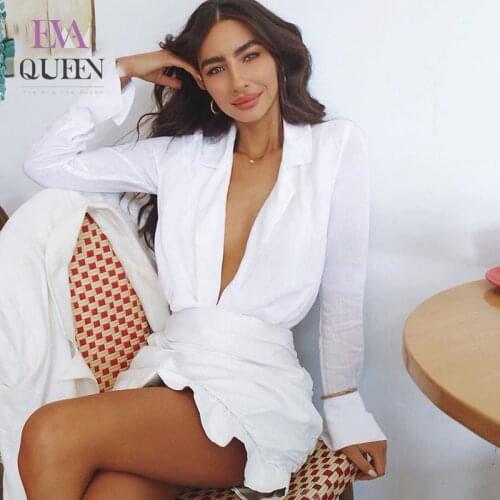 EvaQueen White Sexy Party Dress Women Deep V Neck Club Mini Dress Ruffles Elegant 2019 Dress Summer Autumn Fashion Vestidos