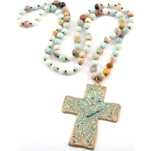 Free Shipping Bohemian Jewelry long knotted Amazonite Stones Cross Necklace For Women
