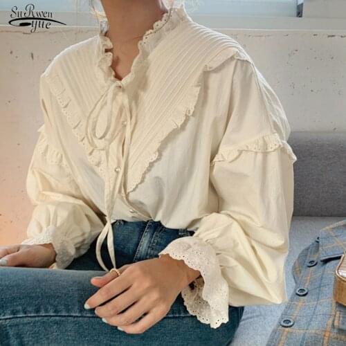 Blusas Mujer De Moda 2021 Casual Women Shirt Loose Vintage Elegant Tops Korean Style Long Lantern Sleeve Women Blouse 9580