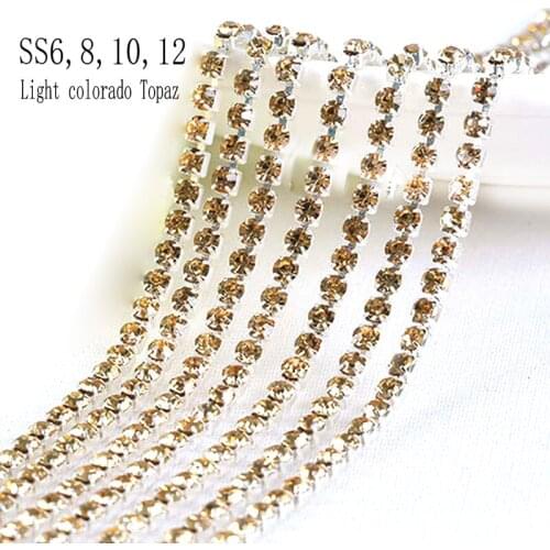 SS6,8,10,12 10m All Size Light colordao topaz rhinestone cup chain with silver setting diy sewing bridal cup chain Rhinestones