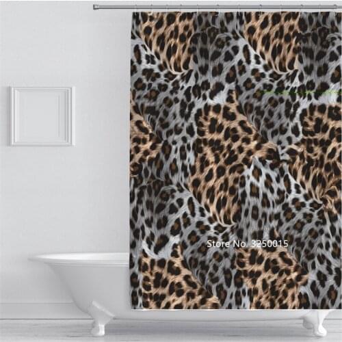 Black and White Leopard Print Bath Snow Mountain Waterfall Trees Flowers Shower Curtain Washable Waterproof Home Decoration
