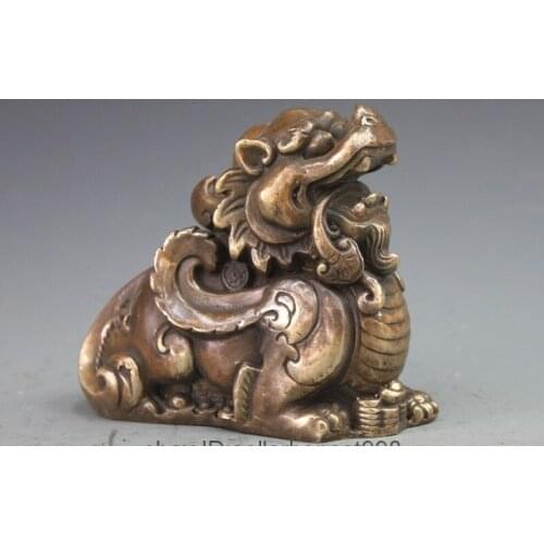 China Folk Feng Shui Bronze Foo Dog Lion Pi Xiu Attract Wealth Beast Statue