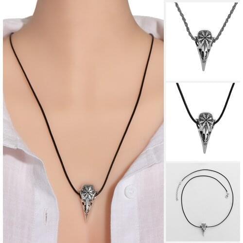 Classic Viking Rune Raven Pendant Necklace Stainless Steel Crow Skull Pendant Amulet Mens Necklace Biker Viking Jewelry