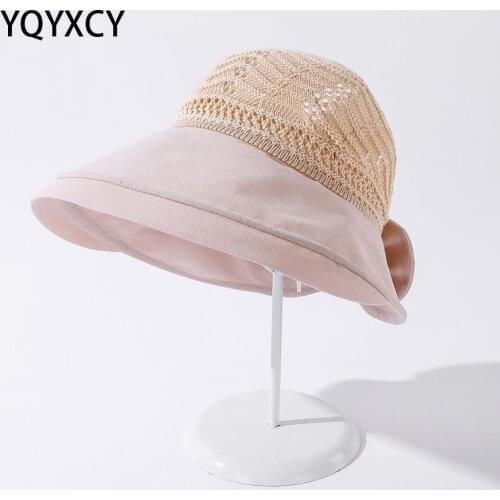 YQYXCY Summer Hats For Women Empty Top Outdoor Sunscreen Folding Sun Hat With Big Bow Beach Hat Female Wide Brim Cloth Sunhat