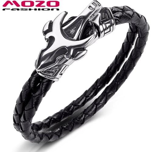Fashion Bangle New Men Jewelry Black Double Layer Leather Bracelet Stainless Steel Punk Charm Exaggeration PS1036