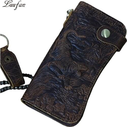 Mens crazy horse leather snap bifold long wallet with 14 card holder zipper coin pocket wallet genuine leather chain wallet