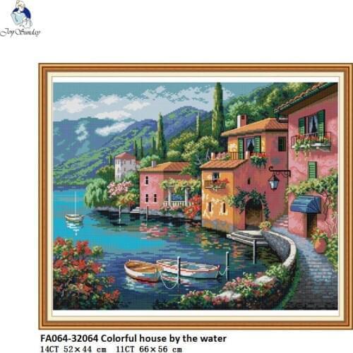 Colorful House by the Water Cross Stitch Kits 11CT Printed Fabric 14CT Counted Canvas DMC Cross-stitch Embroidery Thread Sets