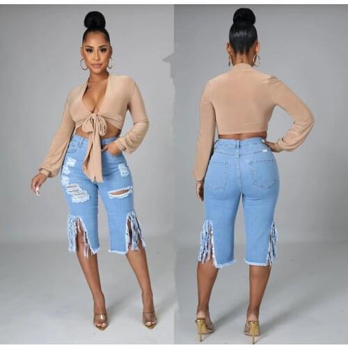 New Women High Waist Half Jeans Shorts Sexy Hot Pants Ripped Hole Distressed Tassel Knee Length Denim Shorts Streetwear Trouser