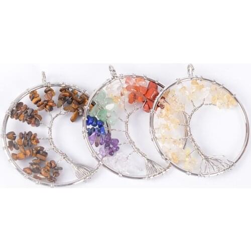 Charm Wire Wrap Tree of Life Necklace Pendant Natural Stone Chip Bead Lapis Lazuli Opal Clear Crystal Female Jewelry D649—D655