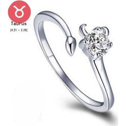 Boxed couple ring South Korea 12 constellation Taurus 925 silver ring can adjust the opening of the zircon # 51