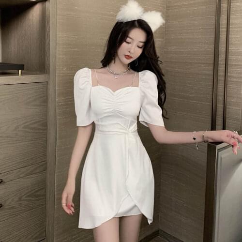 French Sweet Women Short Sleeve Temperament Slim Waist Mini Dress Korean Fashion Office Ladies Solid Dress Vestidos Mujer Party