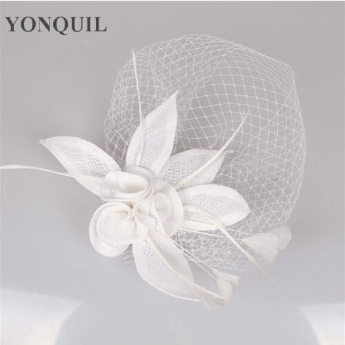 White Color Wedding Headband Delicate Headwear Wedding Fascinator Face Veil Feather Hat Women Brides Fashion Hair Accessories