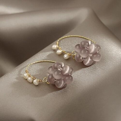 Origin Summer Chic Purple Color Opal Grape Hook Earrings for Women Gold Hooks Fruit Pearls Dangle Earrings Exquisite Jewelry