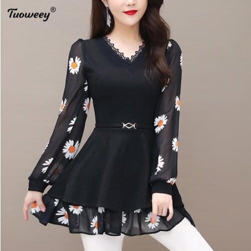 5XL Plus Size floral pullover Women black shirts 2021 Fashion summer long Sleeve loose chiffon Long tunic Female Casual tops