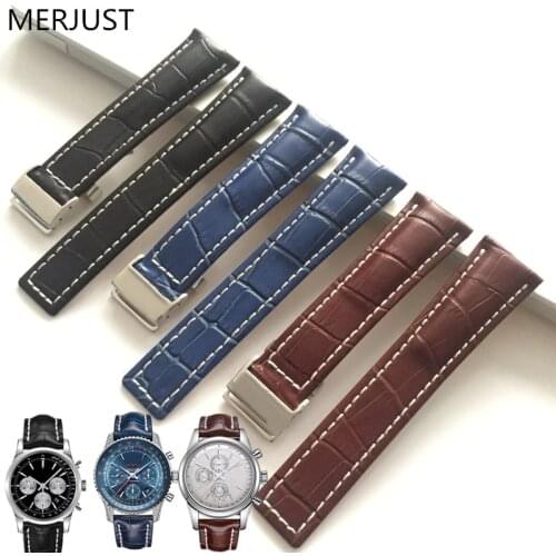MERJUST Genuine Leather Watch Band Strap Black Brown Blue Soft Watchbands for Breitling Watch Man Watch 22mm 24mm with Tools