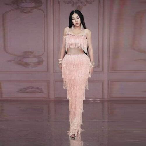 Pink Fringe Rhinestones Spandex Long Dress Birthday Celebrate Dress Prom Outfit Bar Women Dance Singer Show Dress