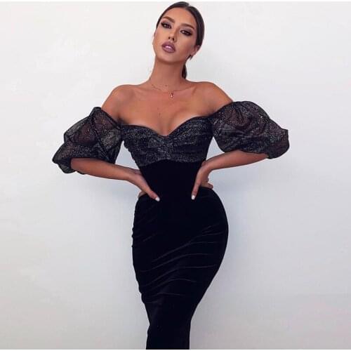 Puff Sleeve Woman Dress Sexy See Through Mesh Velour Patchwork 2 Layers Elastic Black Midi Dress Lady Fashion Party Robe