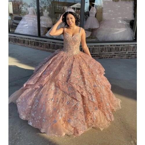 Formal Rose Champagne Quinceanera Dresses Lace Applique Sequin Vestidos De 15 Anos Sweet 16 Ball Gown Prom Dress Lace-up Back