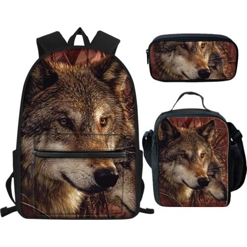 3Pcs/Set School Backpack for Boy Cool 3D Wild Animal Print Pencil Bag set Brown/black Wolf Bookbags Polyester Bag