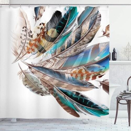 Teal Brown Shower Curtain, Vaned Types and Flight Bird Feathers and Animal Skin Element Fabric Bathroom Decor Set with Hooks